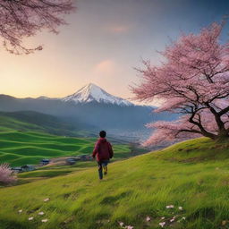 A serene Himalayan landscape with hills full of green grass and cherry blossoms, under a captivating sunset. In foreground, a boy joyfully runs towards the sunset.