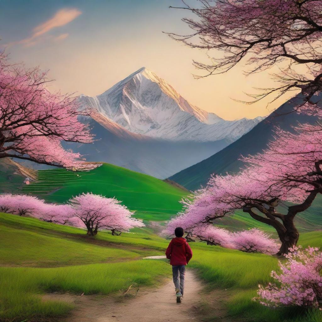 A serene Himalayan landscape with hills full of green grass and cherry blossoms, under a captivating sunset. In foreground, a boy joyfully runs towards the sunset.