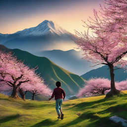 A serene Himalayan landscape with hills full of green grass and cherry blossoms, under a captivating sunset. In foreground, a boy joyfully runs towards the sunset.