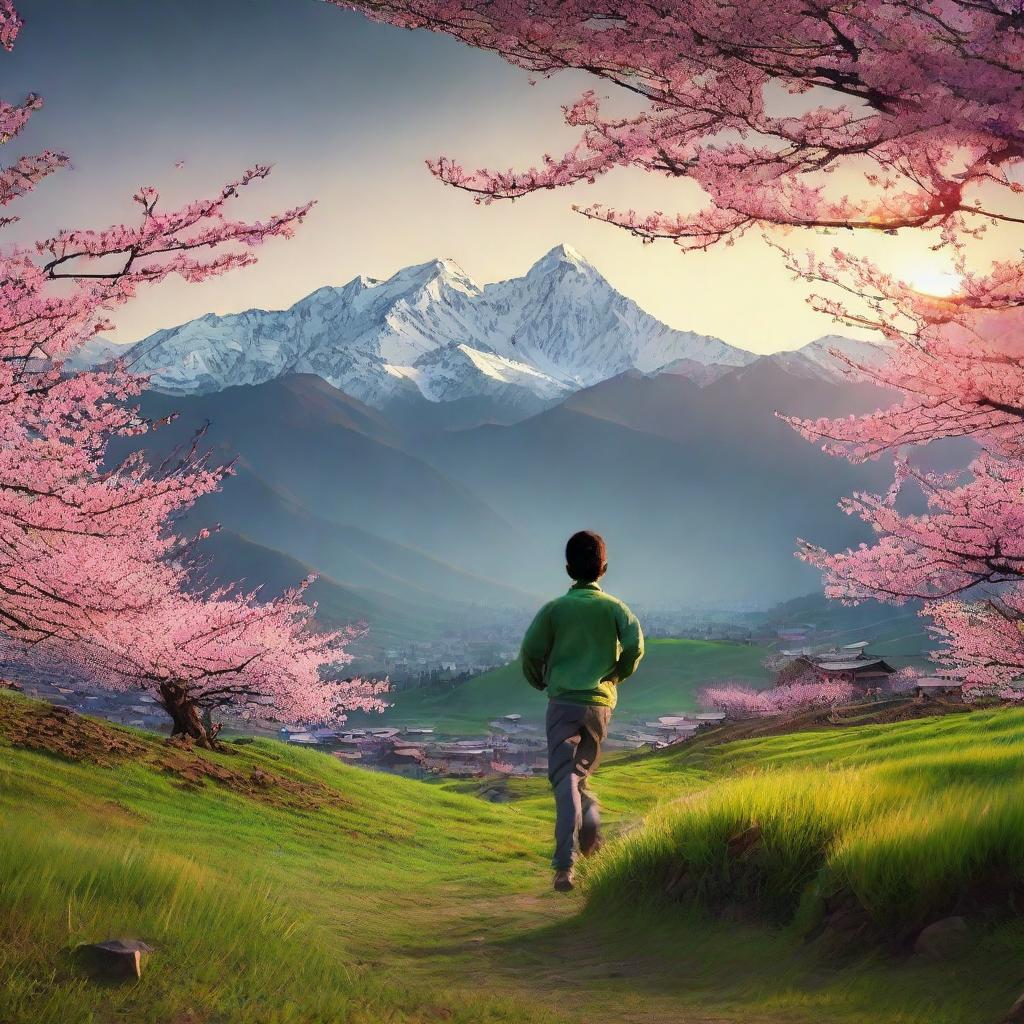 A serene Himalayan landscape with hills full of green grass and cherry blossoms, under a captivating sunset. In foreground, a boy joyfully runs towards the sunset.