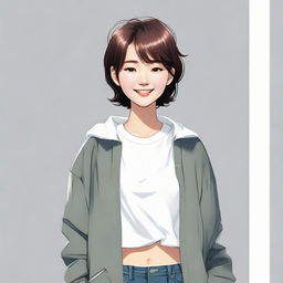 A Korean tomboy, dressed in comfortable, casual clothes, with short hair and a confident smile. She is dynamic, youthful and independent.