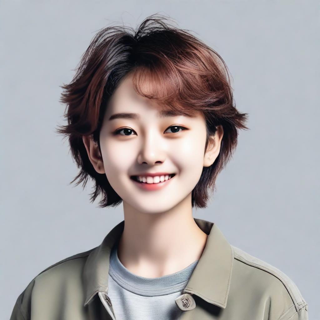 A Korean tomboy, dressed in comfortable, casual clothes, with short hair and a confident smile. She is dynamic, youthful and independent.