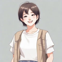 A Korean tomboy, dressed in comfortable, casual clothes, with short hair and a confident smile. She is dynamic, youthful and independent.