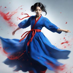 A stunning Korean tomboy sprinting in a large blue gown, clutching a shattered glass, with streaks of crimson blood speckling her dress.