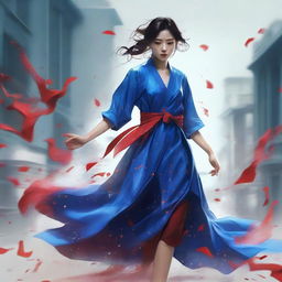 A stunning Korean tomboy sprinting in a large blue gown, clutching a shattered glass, with streaks of crimson blood speckling her dress.