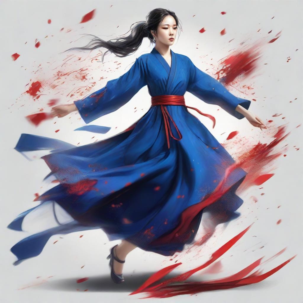 A stunning Korean tomboy sprinting in a large blue gown, clutching a shattered glass, with streaks of crimson blood speckling her dress.