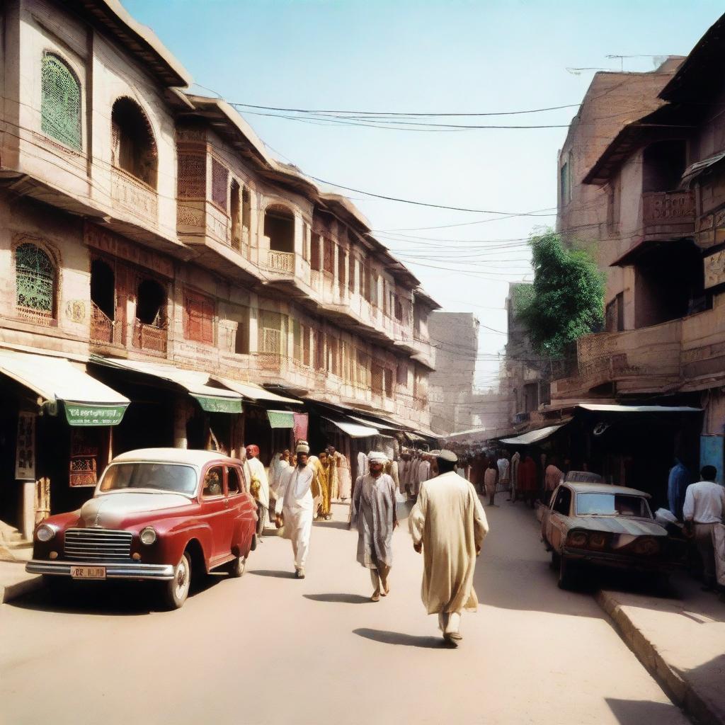 A vibrant street scene in Peshawar, Pakistan during the 1990s, depicting traditional clothing, architecture and vehicles of that era.