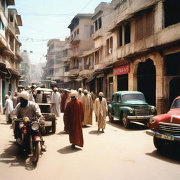 A vibrant street scene in Peshawar, Pakistan during the 1990s, depicting traditional clothing, architecture and vehicles of that era.