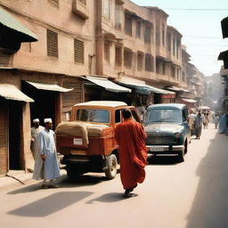 A vibrant street scene in Peshawar, Pakistan during the 1990s, depicting traditional clothing, architecture and vehicles of that era.