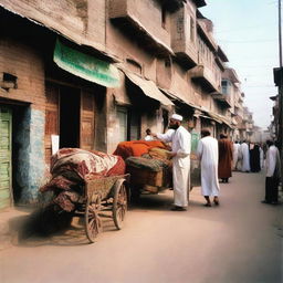 A vibrant street scene in Peshawar, Pakistan during the 1990s, depicting traditional clothing, architecture and vehicles of that era.