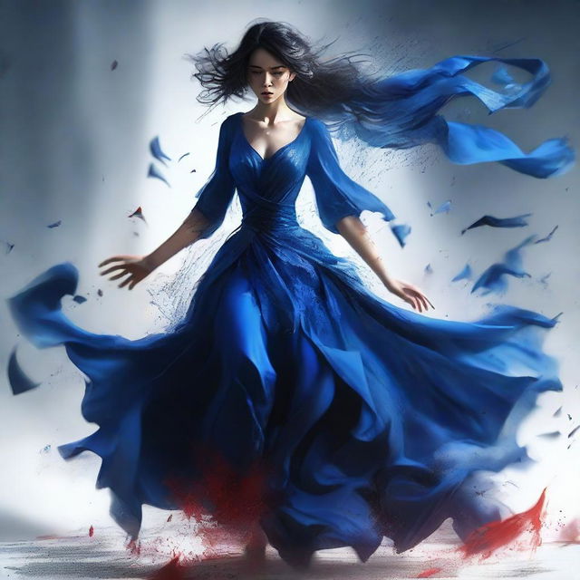 A beautiful tomboy, sprinting with a magnificent blue gown flowing behind her, clutching a shattered glass, with splashes of blood on her dress adding a dramatic touch.