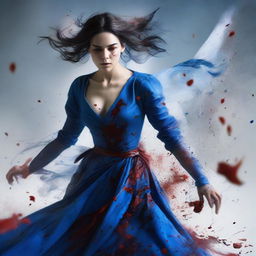 A beautiful tomboy, sprinting with a magnificent blue gown flowing behind her, clutching a shattered glass, with splashes of blood on her dress adding a dramatic touch.