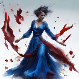 A beautiful tomboy, sprinting with a magnificent blue gown flowing behind her, clutching a shattered glass, with splashes of blood on her dress adding a dramatic touch.