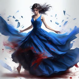 A beautiful tomboy, sprinting with a magnificent blue gown flowing behind her, clutching a shattered glass, with splashes of blood on her dress adding a dramatic touch.