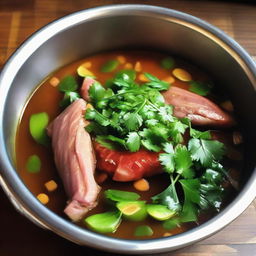 Dupen Cheng being marinated; Succulent and flavorful, bathing in herbs, spices, and savory sauces, infusing delectable tastes.