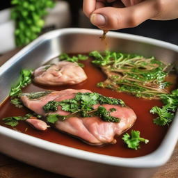 Dupen Cheng being marinated; Succulent and flavorful, bathing in herbs, spices, and savory sauces, infusing delectable tastes.