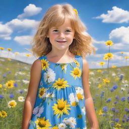 A young girl with sun-kissed hair in a brightly colored summer dress, playing in a field of wildflowers under a blue sky dotted with white fluffy clouds.