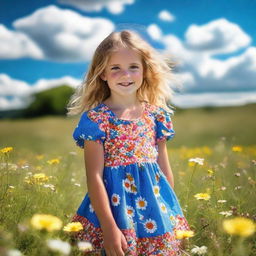 A young girl with sun-kissed hair in a brightly colored summer dress, playing in a field of wildflowers under a blue sky dotted with white fluffy clouds.