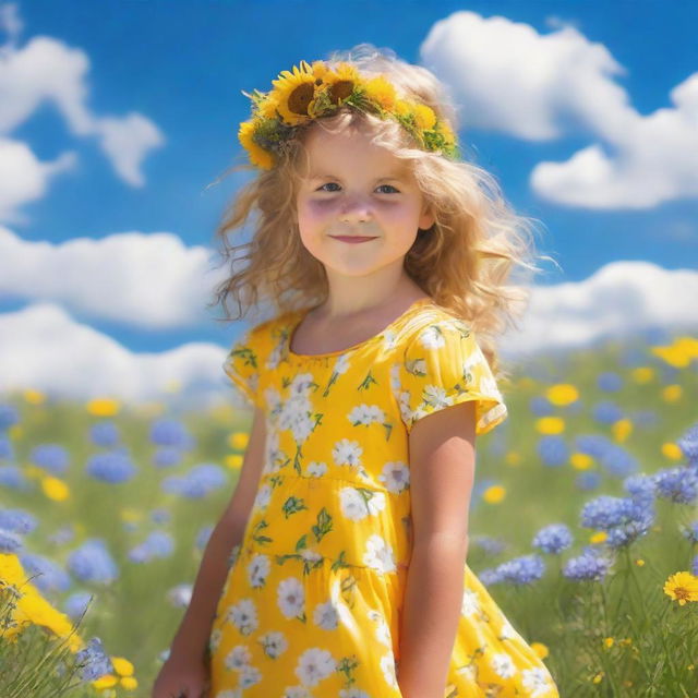 A young girl with sun-kissed hair in a brightly colored summer dress, playing in a field of wildflowers under a blue sky dotted with white fluffy clouds.