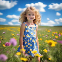 A young girl with sun-kissed hair in a brightly colored summer dress, playing in a field of wildflowers under a blue sky dotted with white fluffy clouds.