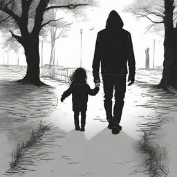 A solitary figure in the midst of sadness, wearing a black hoodie, with curly hair and a scar on the left eyebrow; mourning his sorrow by holding a young girl's hand, walking on the path of life.