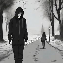 A solitary figure in the midst of sadness, wearing a black hoodie, with curly hair and a scar on the left eyebrow; mourning his sorrow by holding a young girl's hand, walking on the path of life.