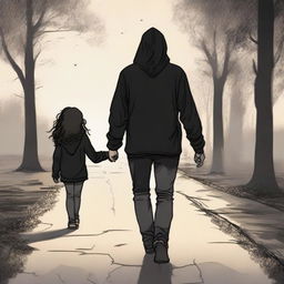 A solitary figure in the midst of sadness, wearing a black hoodie, with curly hair and a scar on the left eyebrow; mourning his sorrow by holding a young girl's hand, walking on the path of life.