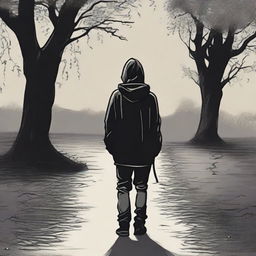 A solitary figure in the midst of sadness, wearing a black hoodie, with curly hair and a scar on the left eyebrow; mourning his sorrow by holding a young girl's hand, walking on the path of life.