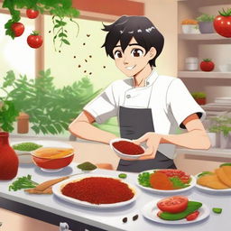 Dupain Cheng from the 'Miraculous Ladybug' cartoon playfully portrayed in a scene where he appears to be marinating, surrounded by delightful herbs and spices.