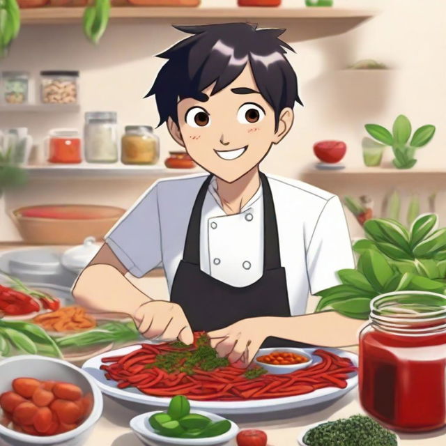 Dupain Cheng from the 'Miraculous Ladybug' cartoon playfully portrayed in a scene where he appears to be marinating, surrounded by delightful herbs and spices.