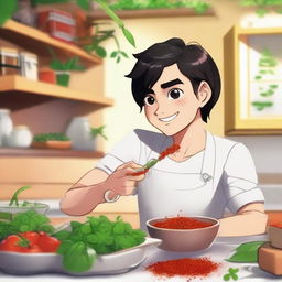 Dupain Cheng from the 'Miraculous Ladybug' cartoon playfully portrayed in a scene where he appears to be marinating, surrounded by delightful herbs and spices.