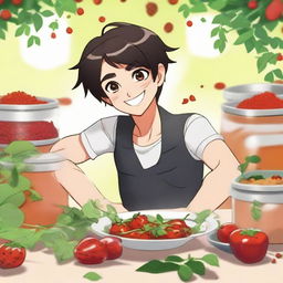 Dupain Cheng from the 'Miraculous Ladybug' cartoon playfully portrayed in a scene where he appears to be marinating, surrounded by delightful herbs and spices.