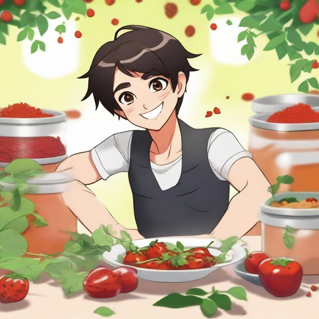 Dupain Cheng from the 'Miraculous Ladybug' cartoon playfully portrayed in a scene where he appears to be marinating, surrounded by delightful herbs and spices.