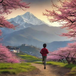 A young boy running toward a sunset under the majestic Himalayas. The foreground features verdant hills with a blooming cherry blossom tree as the centre