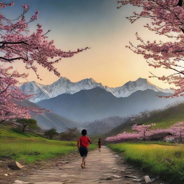 A young boy running toward a sunset under the majestic Himalayas. The foreground features verdant hills with a blooming cherry blossom tree as the centre