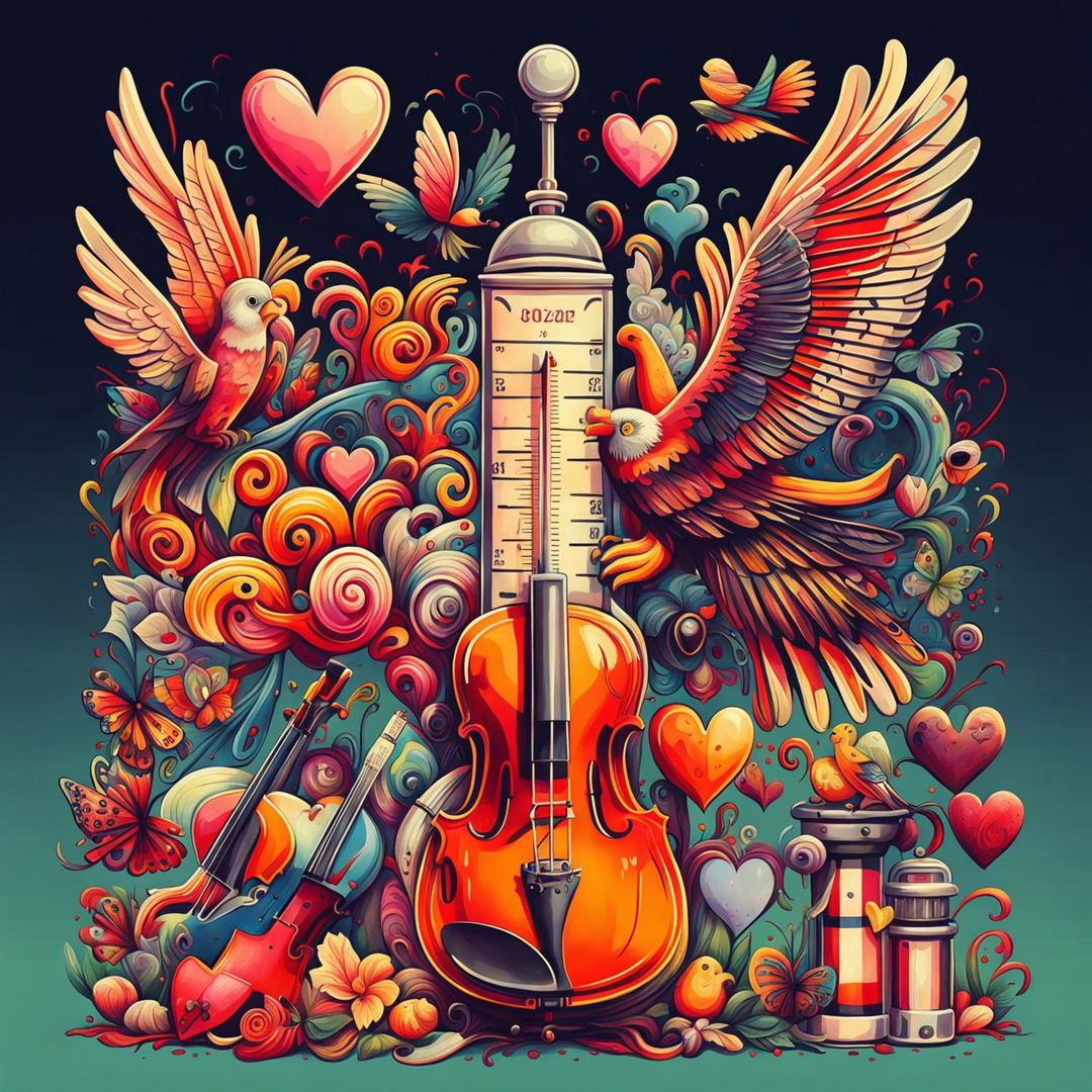 A vibrant digital art piece featuring a montage of various elements including a thermometer, a violin, a barber pole, heart symbols, and a variety of animals