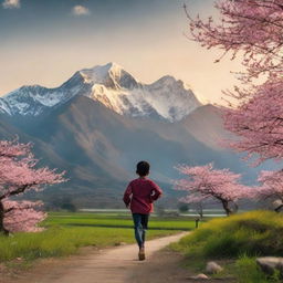 A young boy running toward a sunset under the majestic Himalayas. The foreground features verdant hills with a blooming cherry blossom tree as the centre