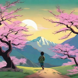 A young boy running toward a sunset under the majestic Himalayas. The foreground features verdant hills with a blooming cherry blossom tree as the centre
