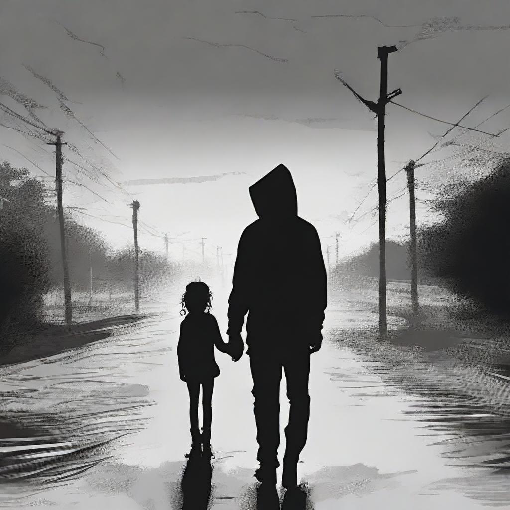 A lonely figure in the midst of sadness, wearing a black hoodie, curly haired, with distinctive left eyebrow, expressing his sorrow by tightly holding a young girl, journeying down the road of life.