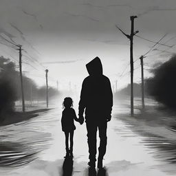 A lonely figure in the midst of sadness, wearing a black hoodie, curly haired, with distinctive left eyebrow, expressing his sorrow by tightly holding a young girl, journeying down the road of life.