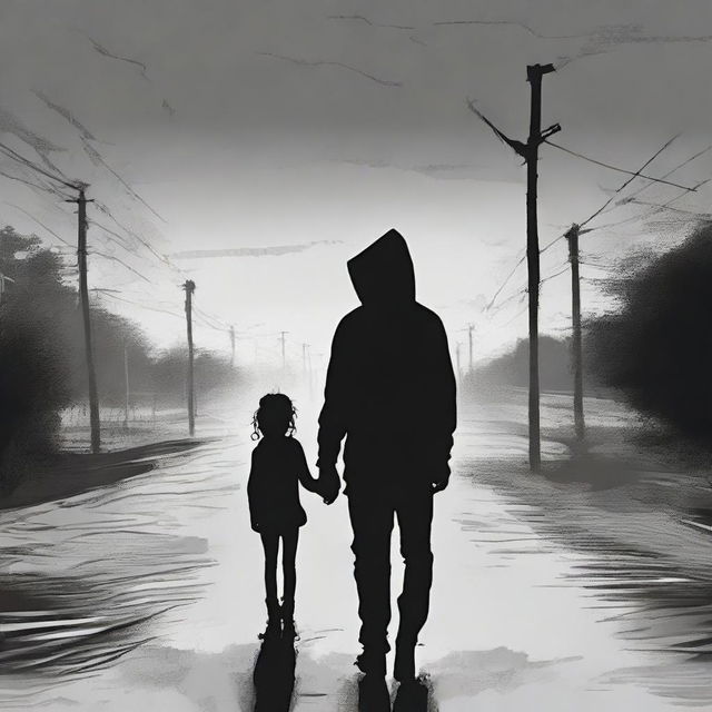 A lonely figure in the midst of sadness, wearing a black hoodie, curly haired, with distinctive left eyebrow, expressing his sorrow by tightly holding a young girl, journeying down the road of life.