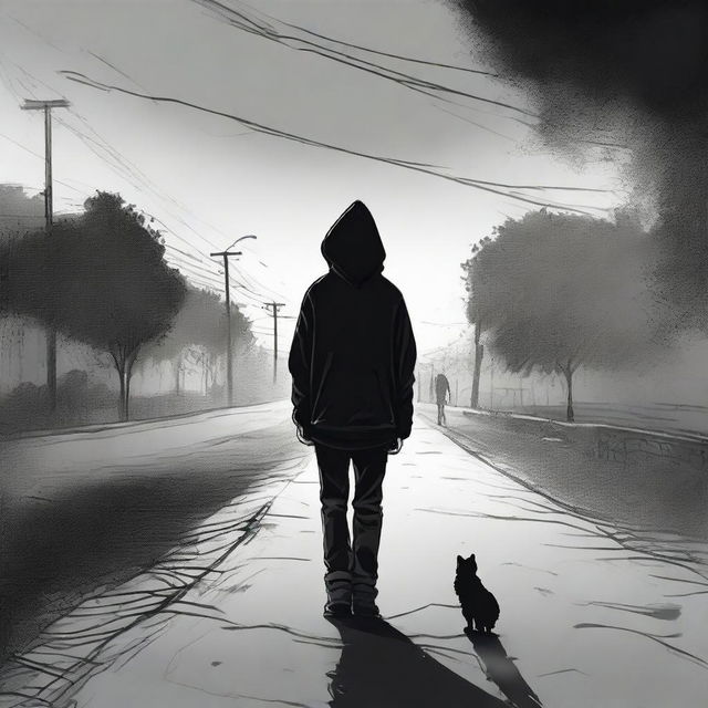 A lonely figure in the midst of sadness, wearing a black hoodie, curly haired, with distinctive left eyebrow, expressing his sorrow by tightly holding a young girl, journeying down the road of life.