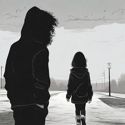 A lonely figure in the midst of sadness, wearing a black hoodie, curly haired, with distinctive left eyebrow, expressing his sorrow by tightly holding a young girl, journeying down the road of life.