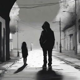 A lonely figure in the midst of sadness, wearing a black hoodie, curly haired, with distinctive left eyebrow, expressing his sorrow by tightly holding a young girl, journeying down the road of life.