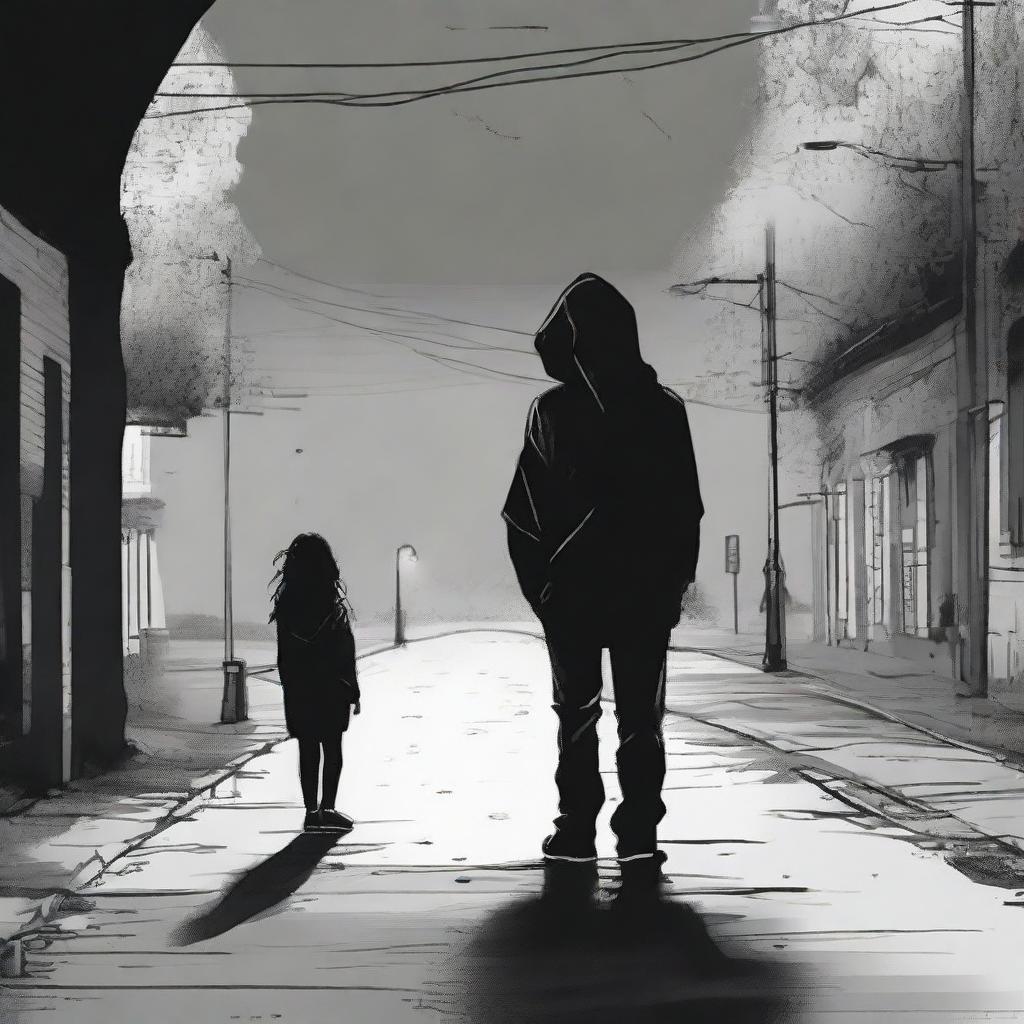 A lonely figure in the midst of sadness, wearing a black hoodie, curly haired, with distinctive left eyebrow, expressing his sorrow by tightly holding a young girl, journeying down the road of life.