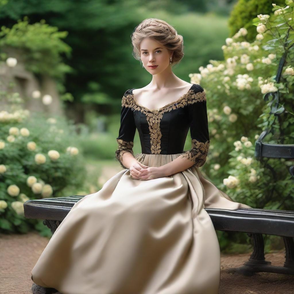 A princess in a black and golden Caroline cage dress, poised elegantly on a garden bench