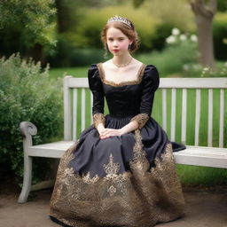 A princess in a black and golden Caroline cage dress, poised elegantly on a garden bench