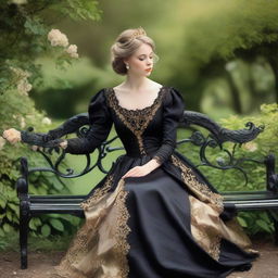 A princess in a black and golden Caroline cage dress, poised elegantly on a garden bench