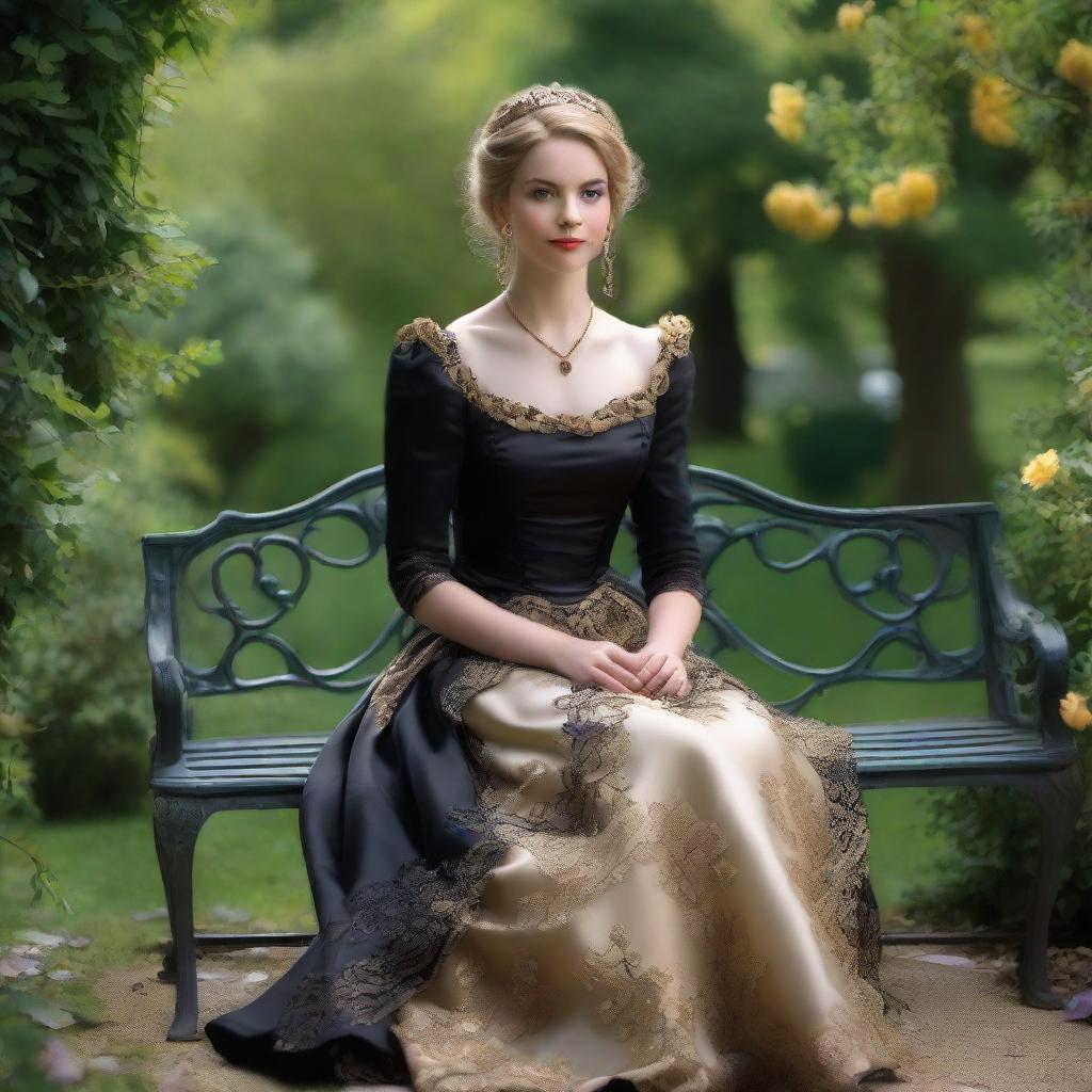 A princess in a black and golden Caroline cage dress, poised elegantly on a garden bench