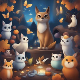 A digital art piece featuring a collection of animals in a spooky yet adorable setting